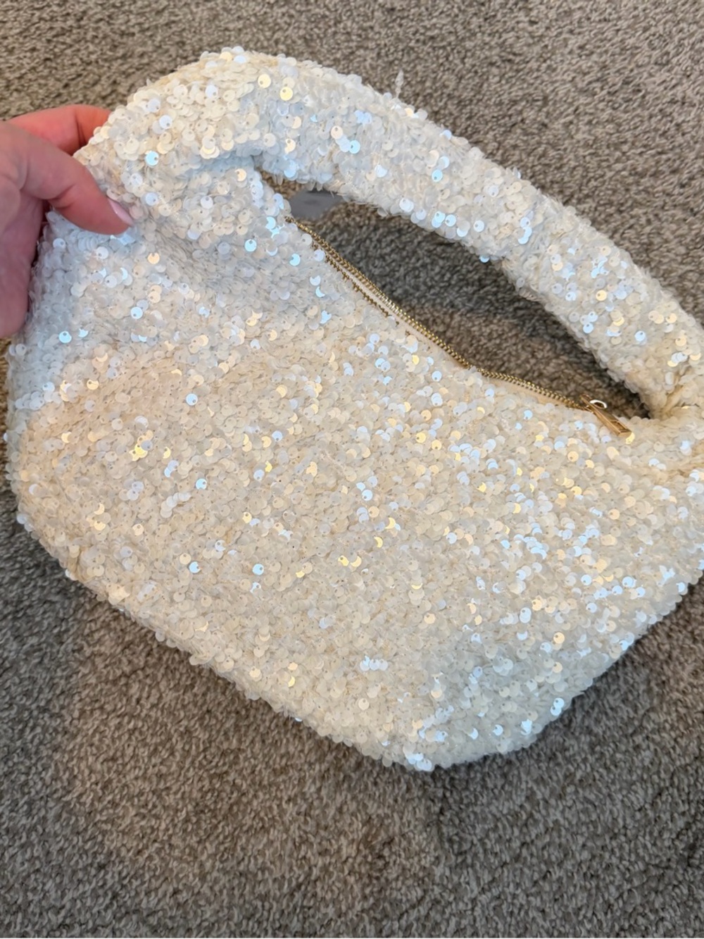 New Anthropologie Paillette Sequin Crescent Bag White with tags